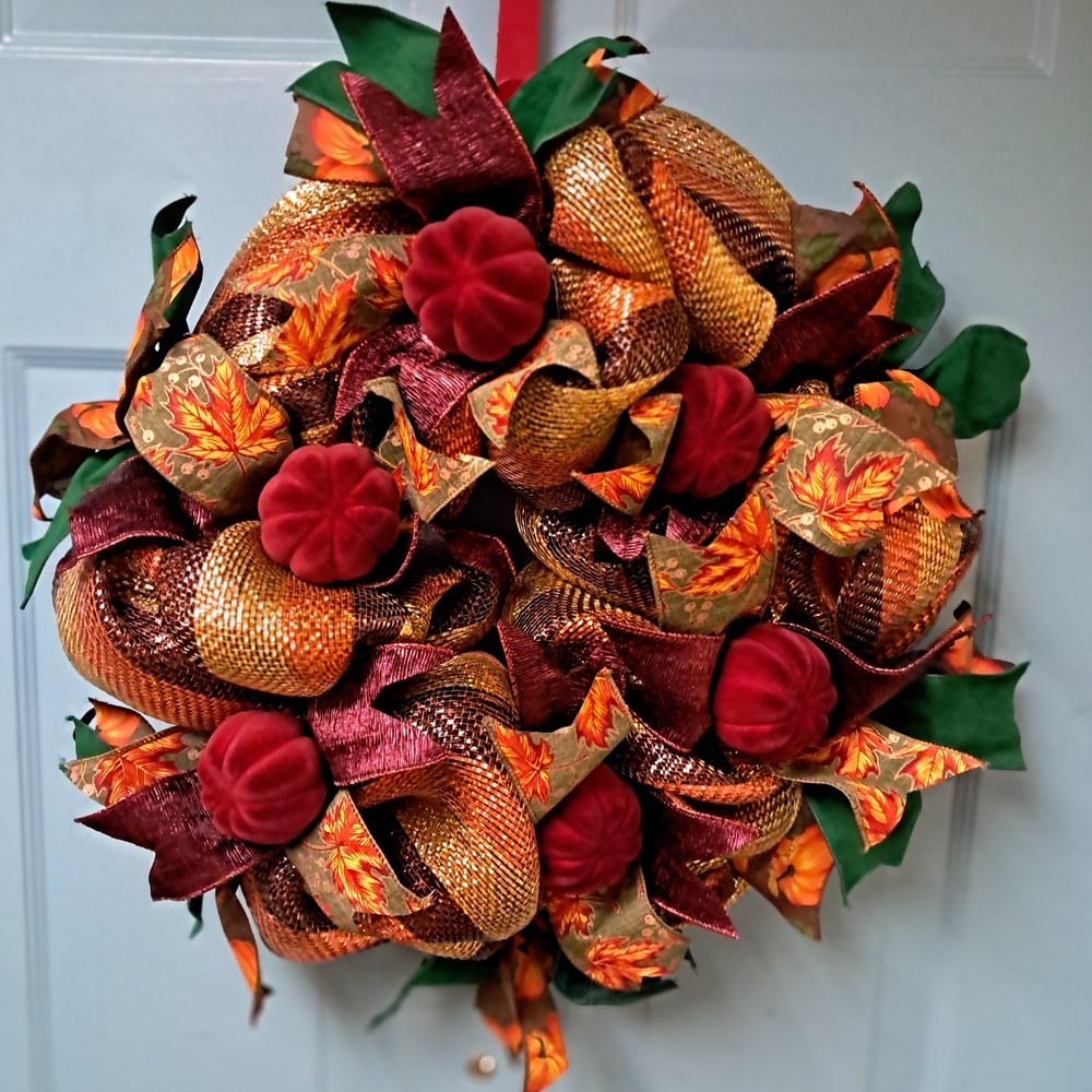 Festive Fall Autumn Wreath with Red and Orange Accents
